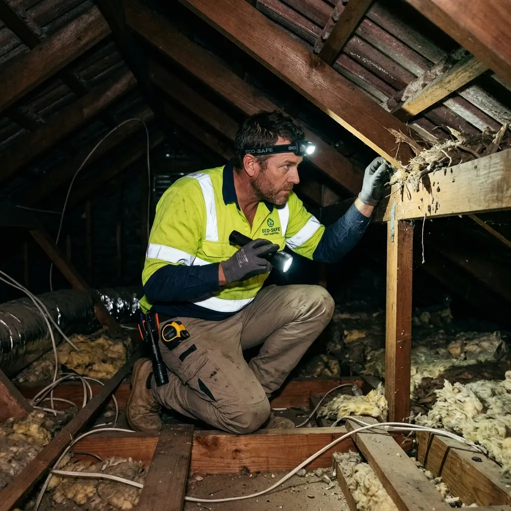 Technician inspecting a roof cavity for a dead animal in Banyule