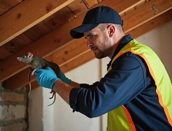 Technician inspecting a roof cavity for a dead rat in Banyule